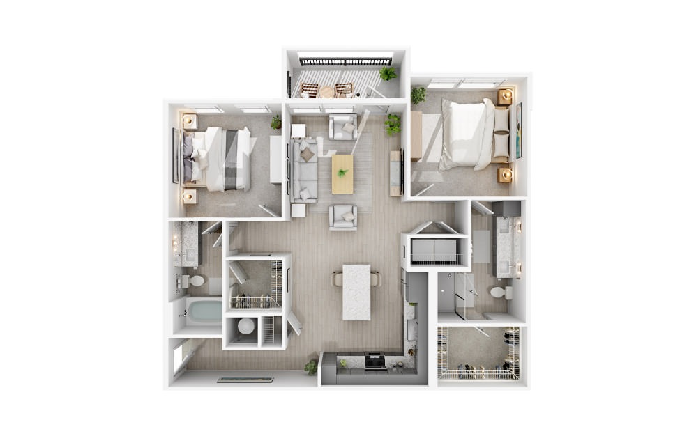 B1 - 2 bedroom floorplan layout with 2 baths and 1119 square feet.