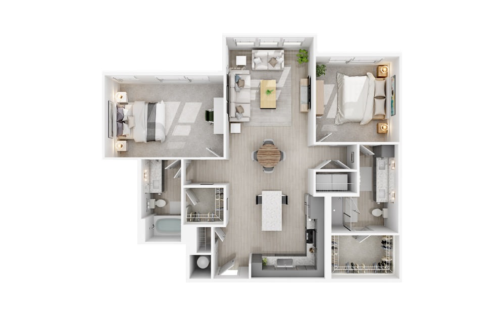 B5 - 2 bedroom floorplan layout with 2 baths and 1218 square feet.