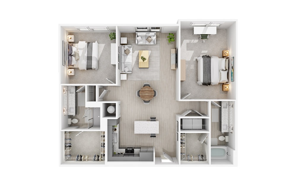 B7 - 2 bedroom floorplan layout with 2 baths and 1280 square feet.